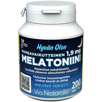 Таблетки мелатонина быстрого действия Hyvän Olon 1,9 мг 200 шт Via Naturale Таблетки мелатонина быстрого действия Hyvän Olon 1,9 мг 200 шт Via Naturale